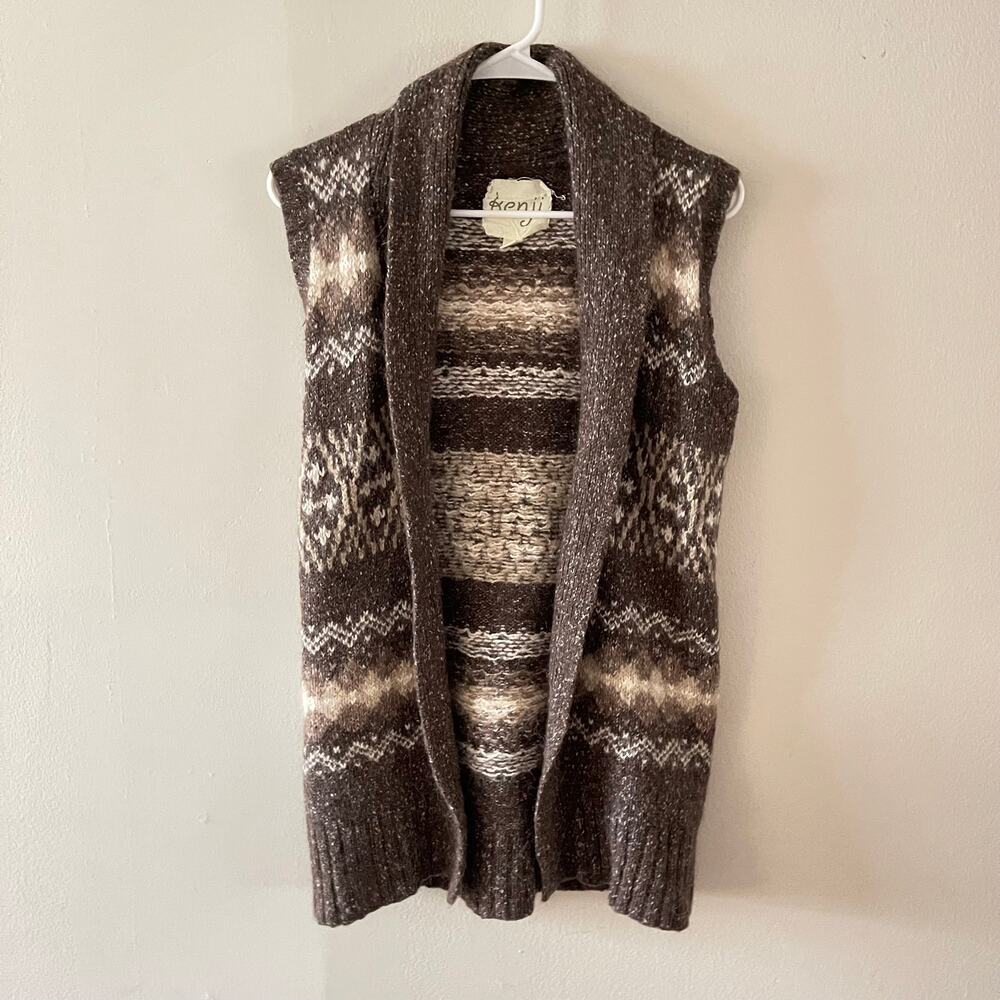 Kenji Fair Isle Sweater Vest Womens M Brown Alpaca Wool Knit Long Duster Flawed